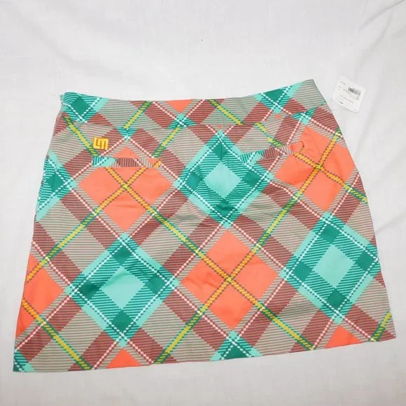 LOUDMOUTH Pebble Peach Womens 14 Green Orange Plaid Golf Skort NEW with Tag - Picture 8 of 10